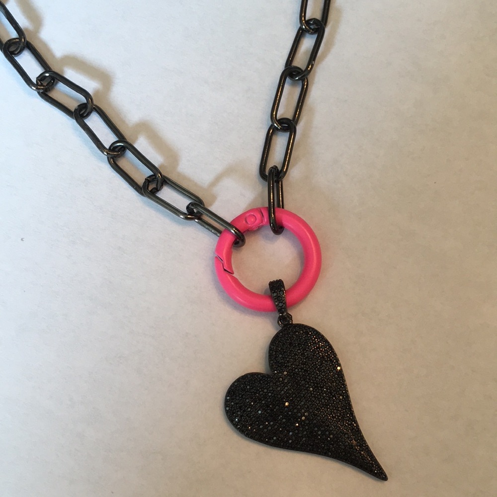 Black chain with hot pink clasp & CZ heart charm